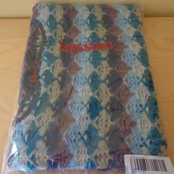 Missoni Mohair Crochet Poncho Zigzag Sweater Cape Orange Label Boho Blue NEW - Picture 3 of 9